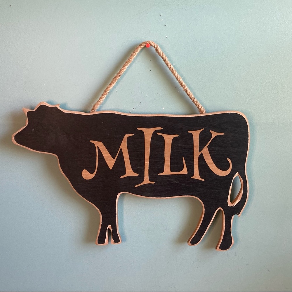Country farmhouse wood cow milk sign.